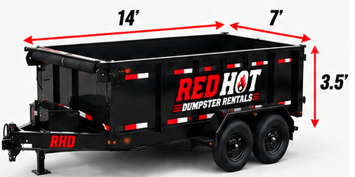 Black Red Hot dumpster trailer with size arrows showing 14 feet long, 7 feet wide, and 3.5 feet tall